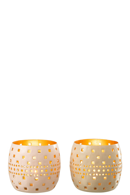 Kaarsenhouder geperforeerd metaal lichtroze/beige assortiment van 2