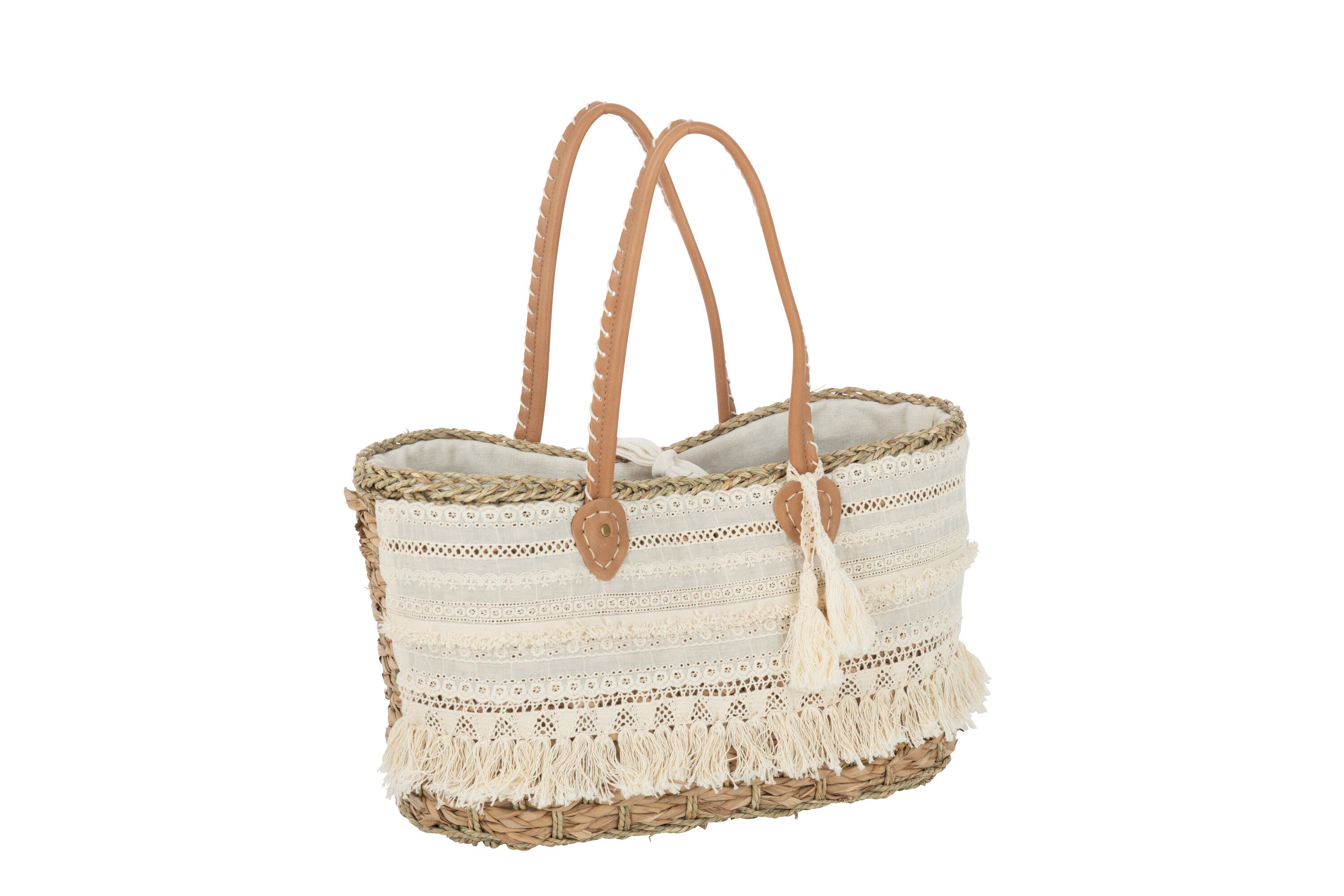 J-Line Strandtas Kant+Kwast Jute Naturel/Wit Small