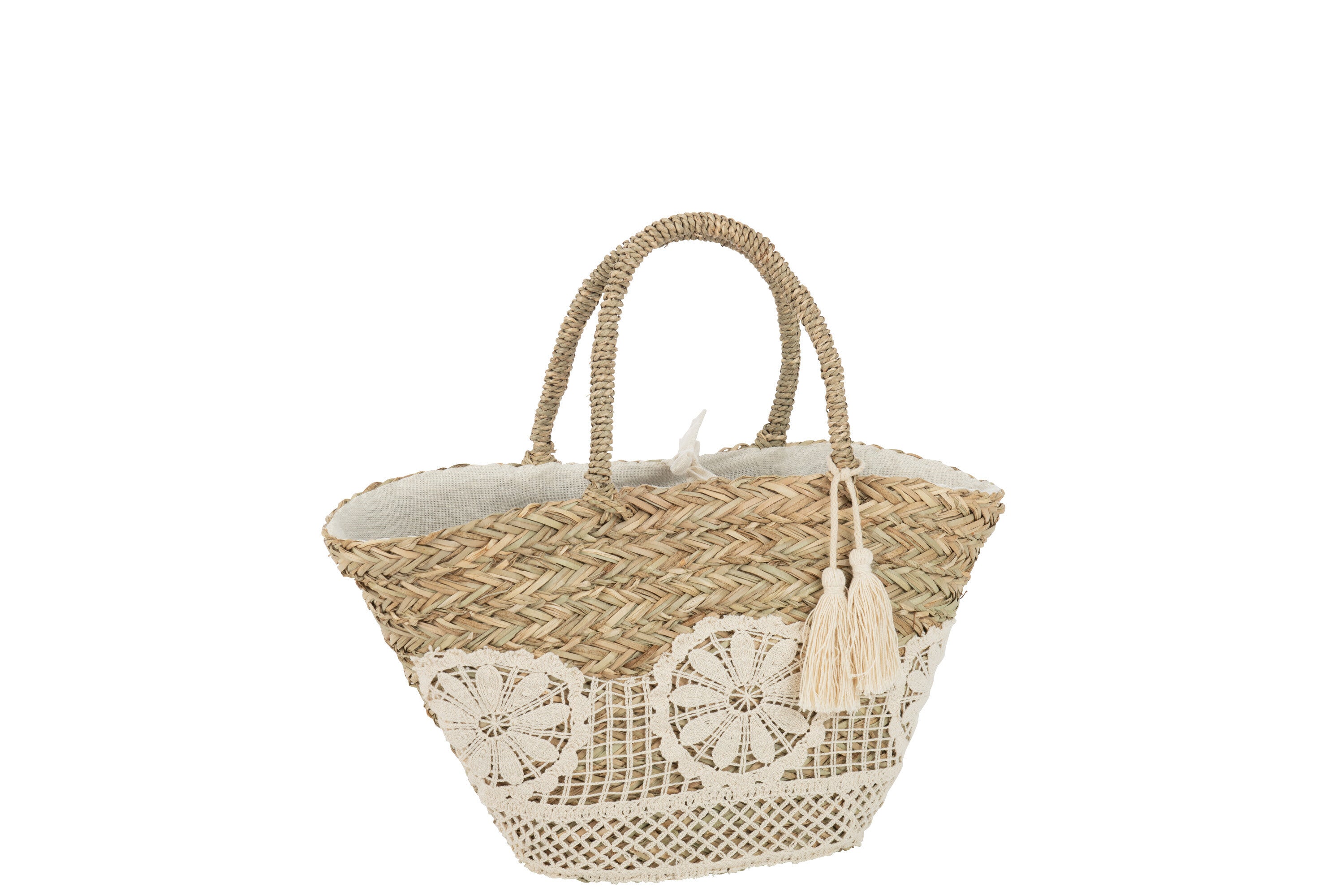 J-Line Strandtas Kant Bloem+Kwast Jute Naturel/Wit