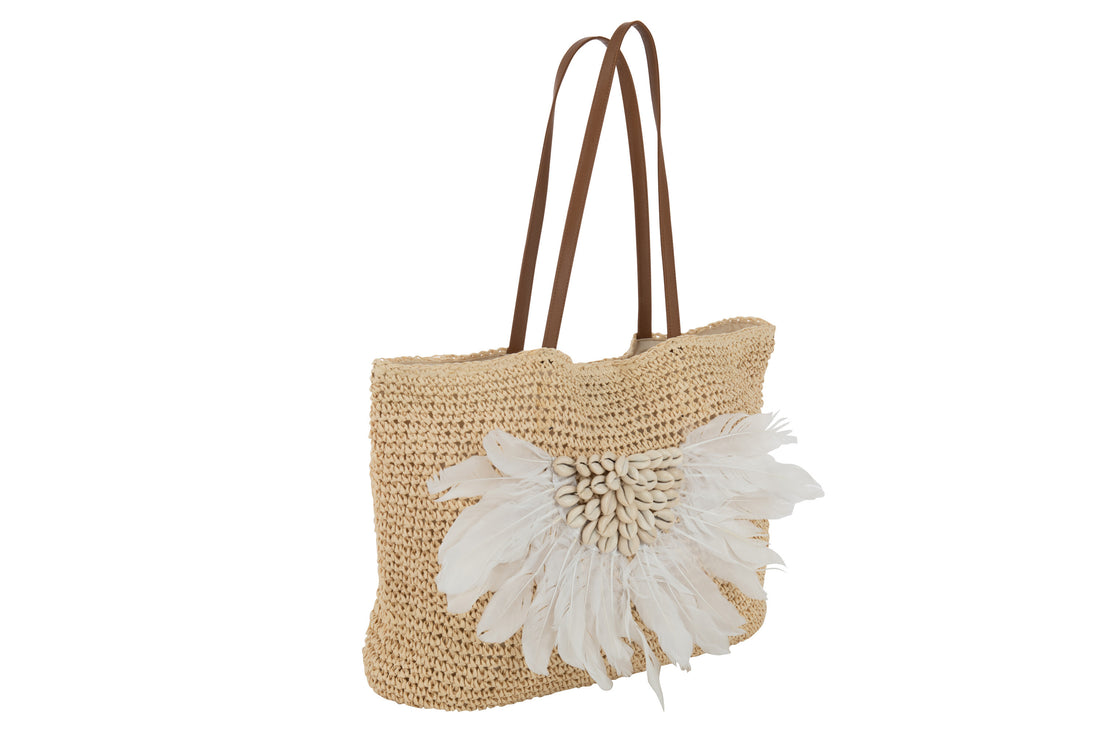 J-Line Strandtas Met Schelpen/Veren Papier Naturel/Wit