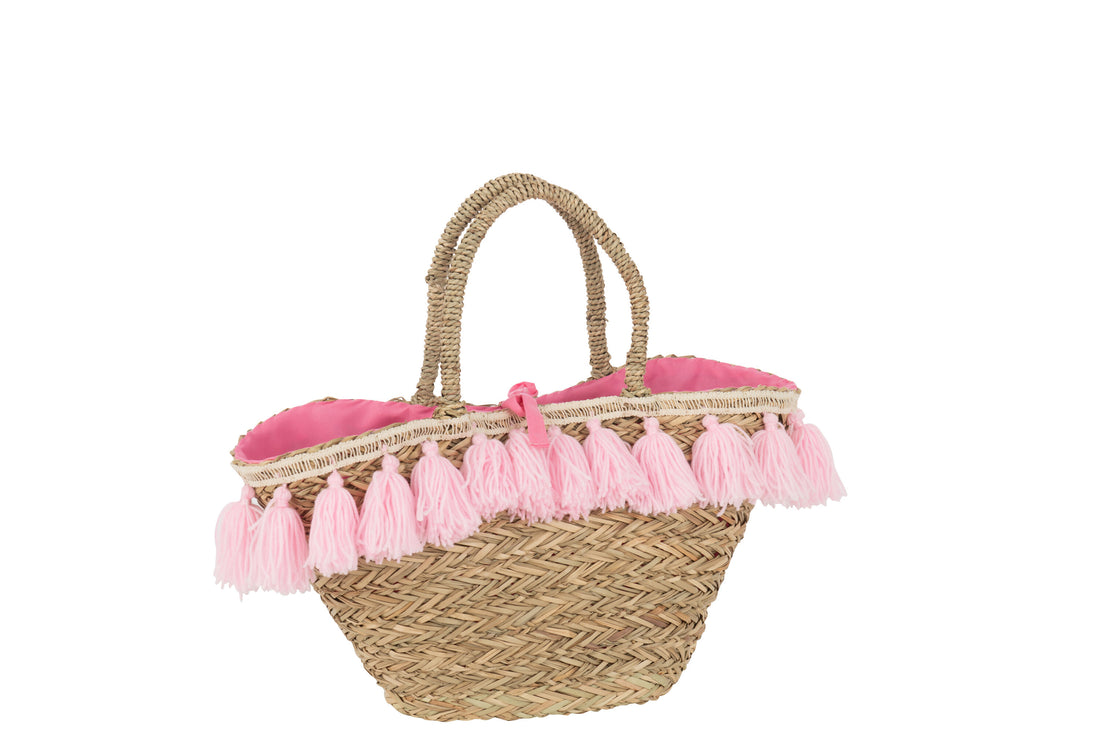 J-Line Strandtas Kwasten Jute/Textiel Naturel/Roze