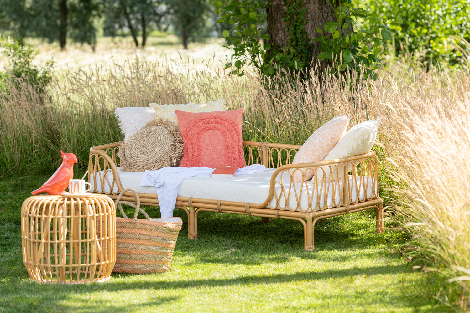 J-Line Strandtas Kort Handvatten Horizontale Strepen Jute Naturel/Licht Oranje