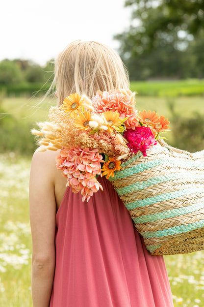 J-Line Strandtas Korte Handvatten Horizontale Streep Jute Naturel/Blauw