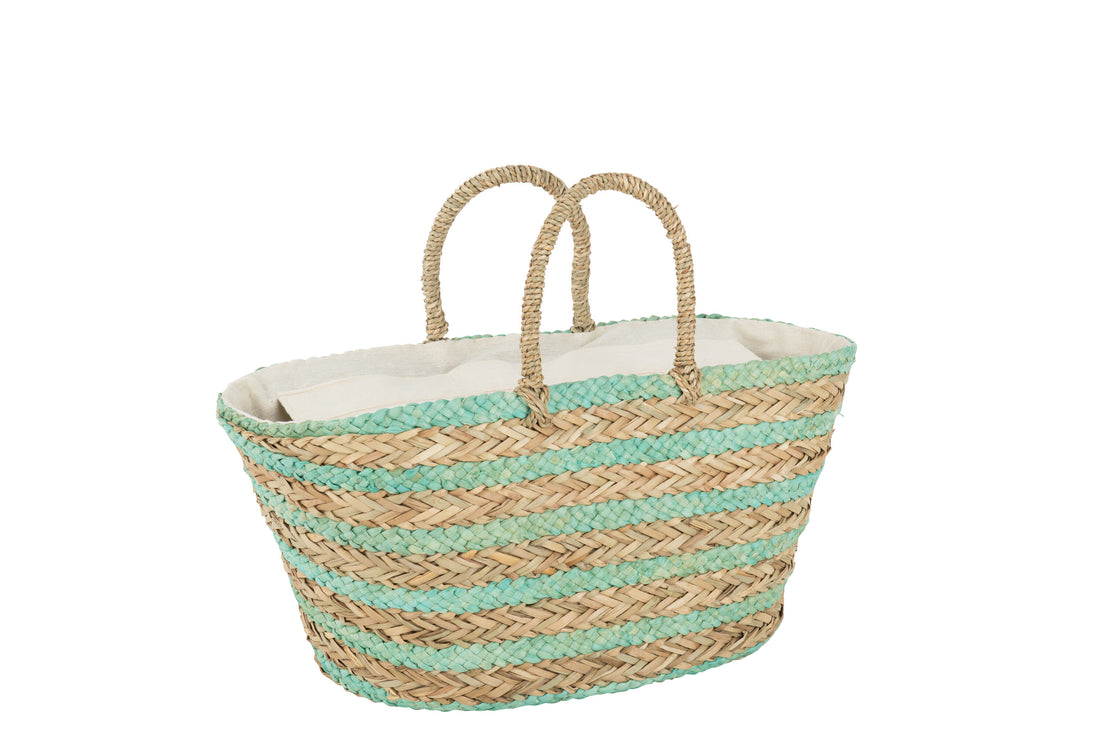 J-Line Strandtas Korte Handvatten Horizontale Streep Jute Naturel/Blauw