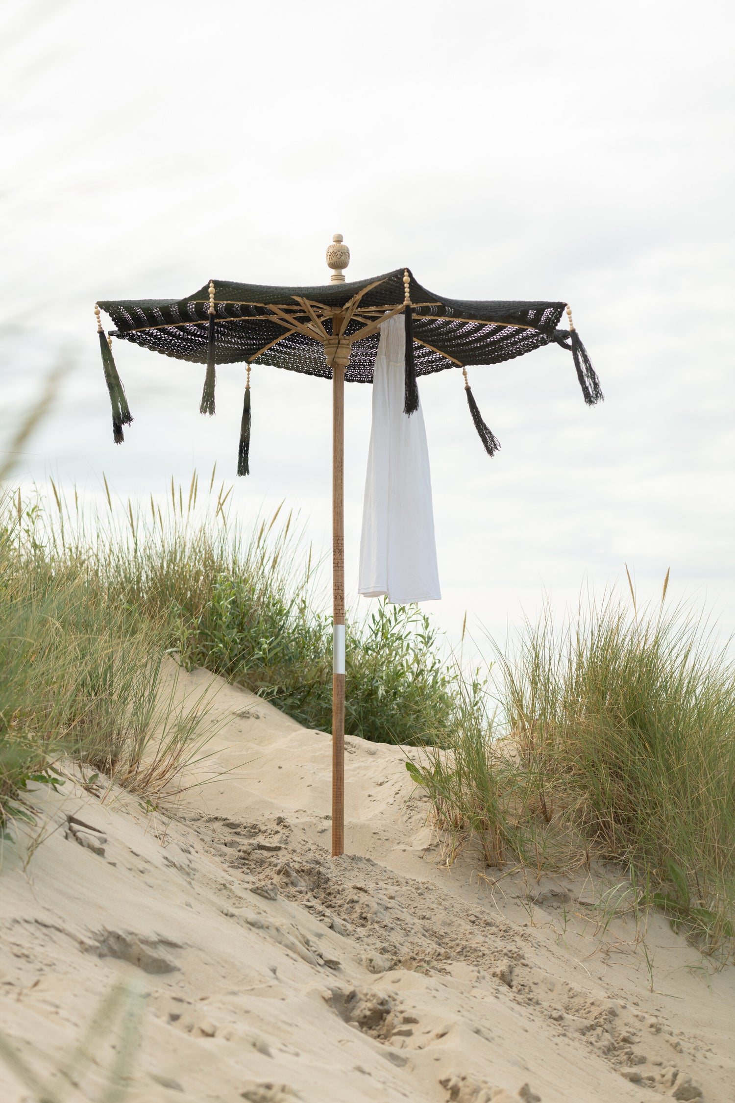 Parasol Kwastjes Katoen/Hout Zwart Groot