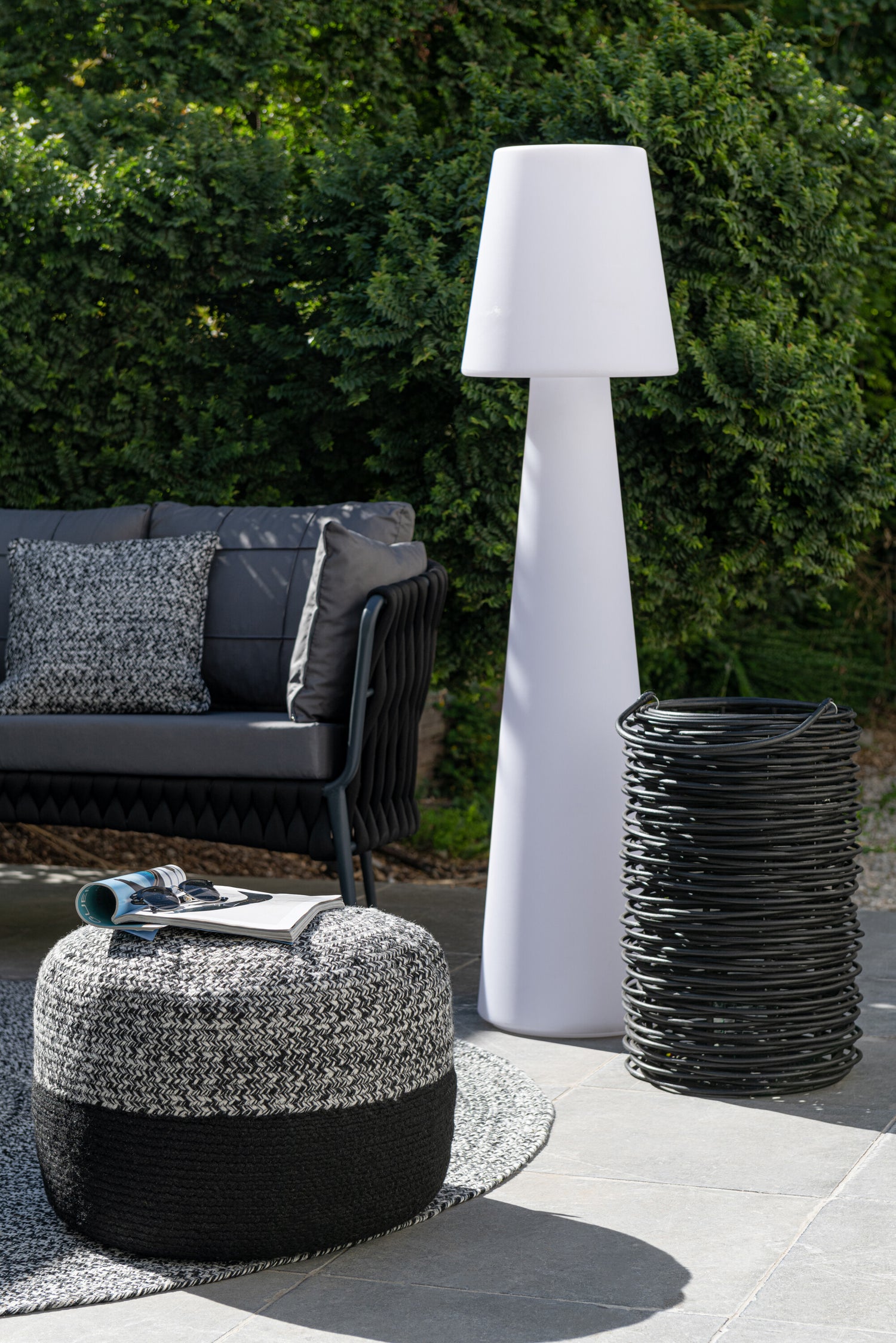 J-Line Poef Miami Outdoor Streep Polyester Zwart/Wit