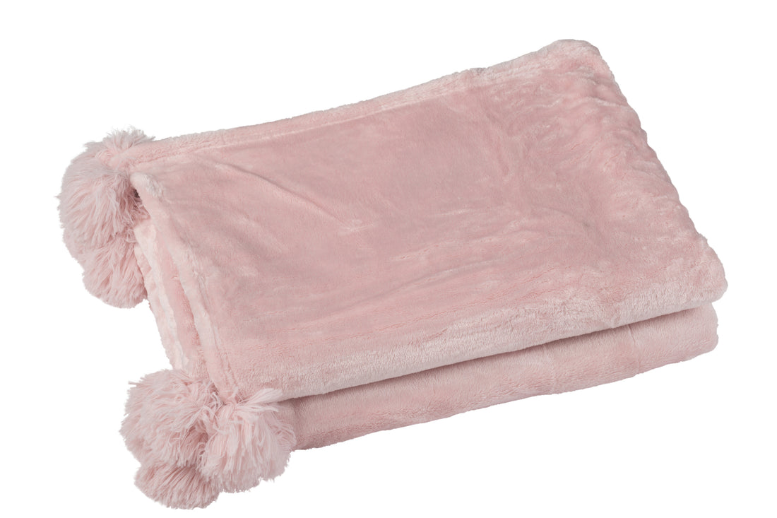 J-Line Plaid Pompon - polyester - zachtroze - 170 x 130 cm