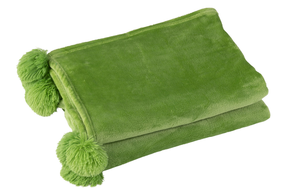 J-Line Plaid Pompon - polyester - grasgroen - 170 x 130 cm