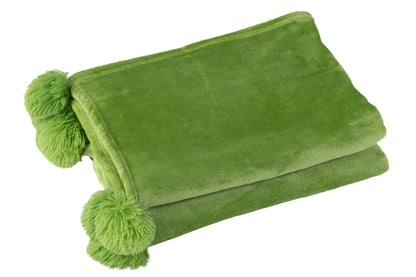 J-Line Plaid Pompon - polyester - grasgroen - 170 x 130 cm