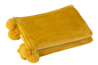 J-Line Plaid Pompon - polyester - oker - 170 x 130 cm