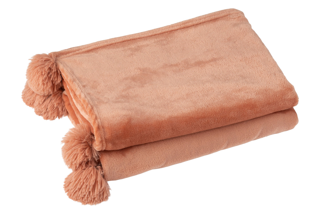 J-Line Plaid Pompon - polyester - perzik - 170 x 130 cm