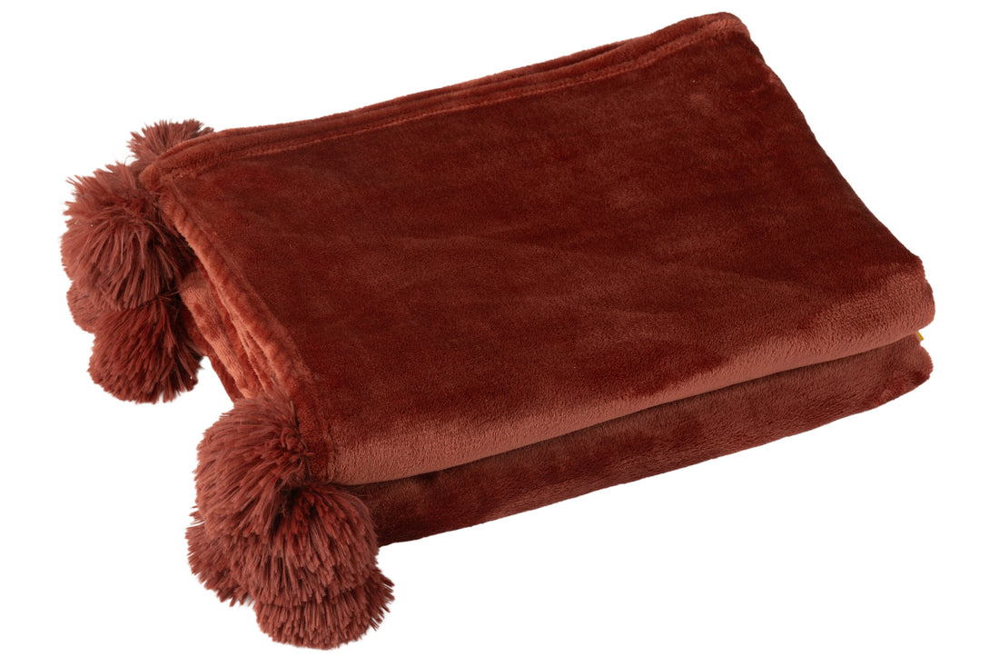 J-Line Plaid Pompon - polyester - Marsala rood - 170 x 130 cm