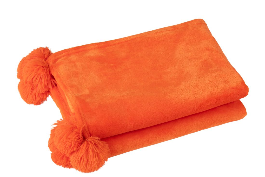 J-Line Plaid Pompom - polyester - oranje - 170 x 130 cm