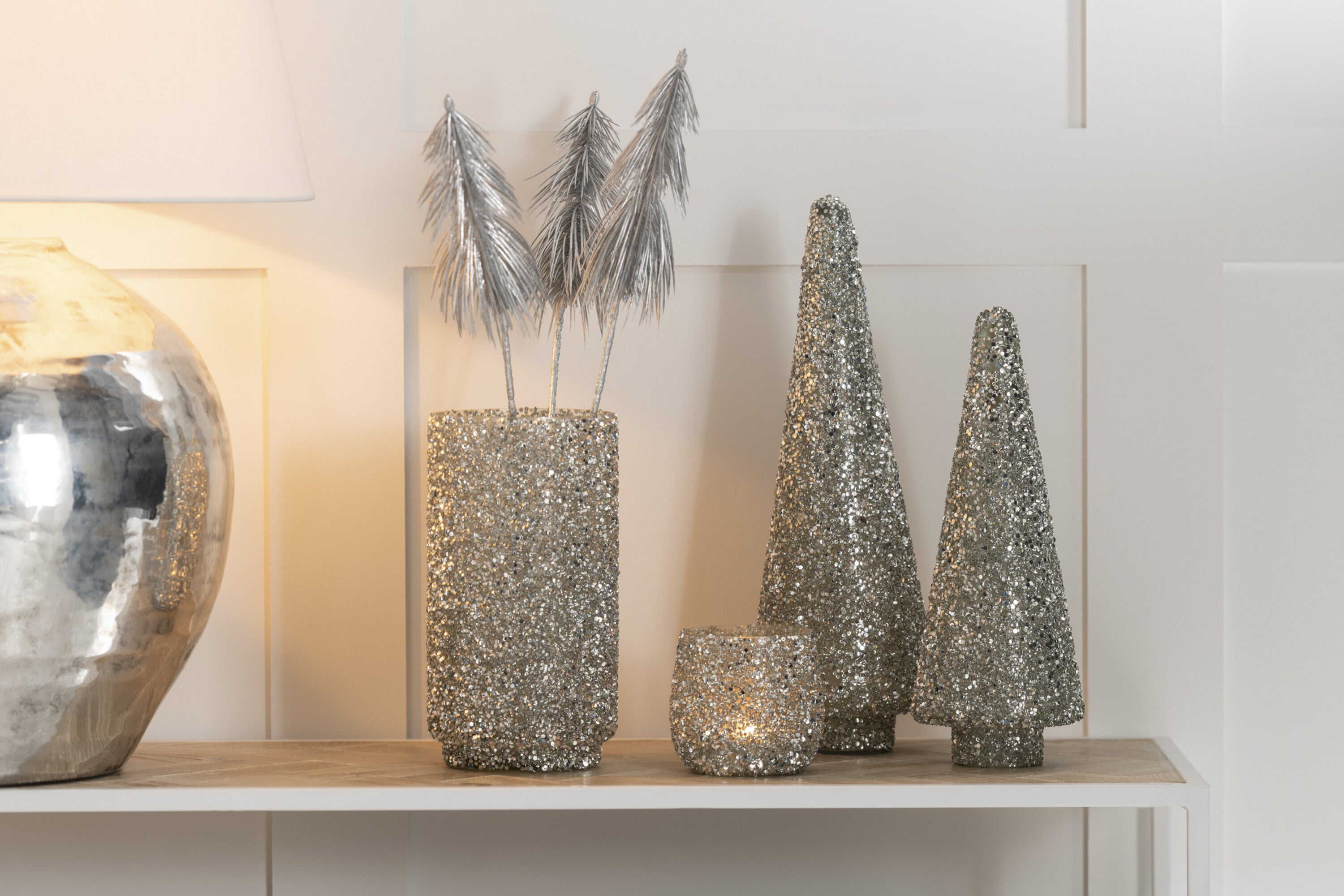 J-Line Theelichthouder Glitter Glas Zilver Small