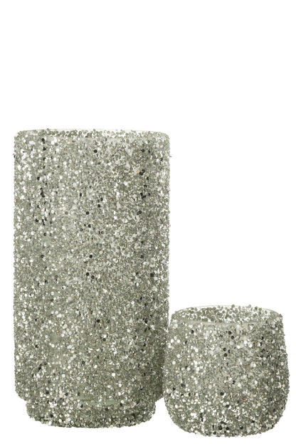 J-Line lantaarn glitter glas zilver groot