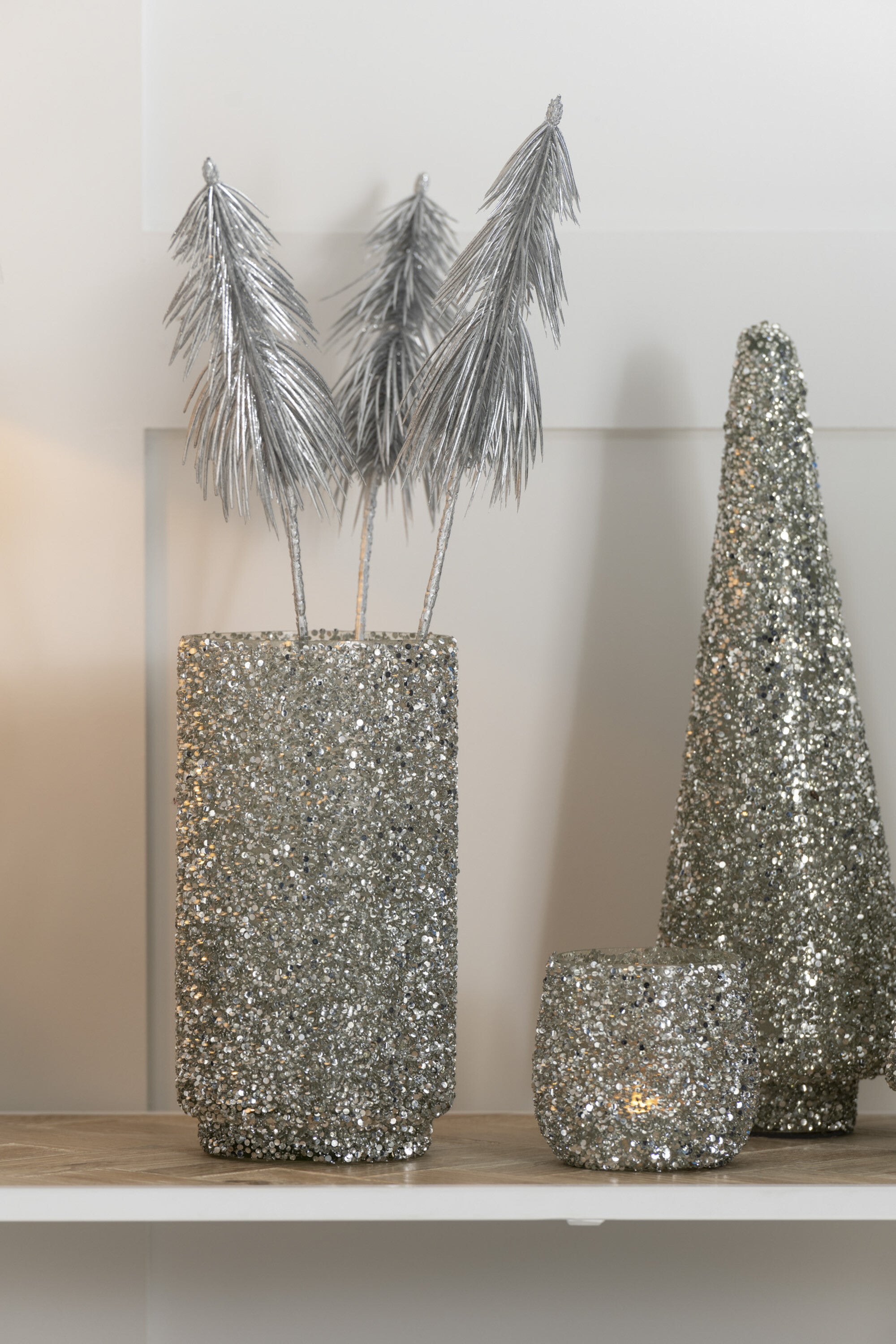 J-Line lantaarn glitter glas zilver groot