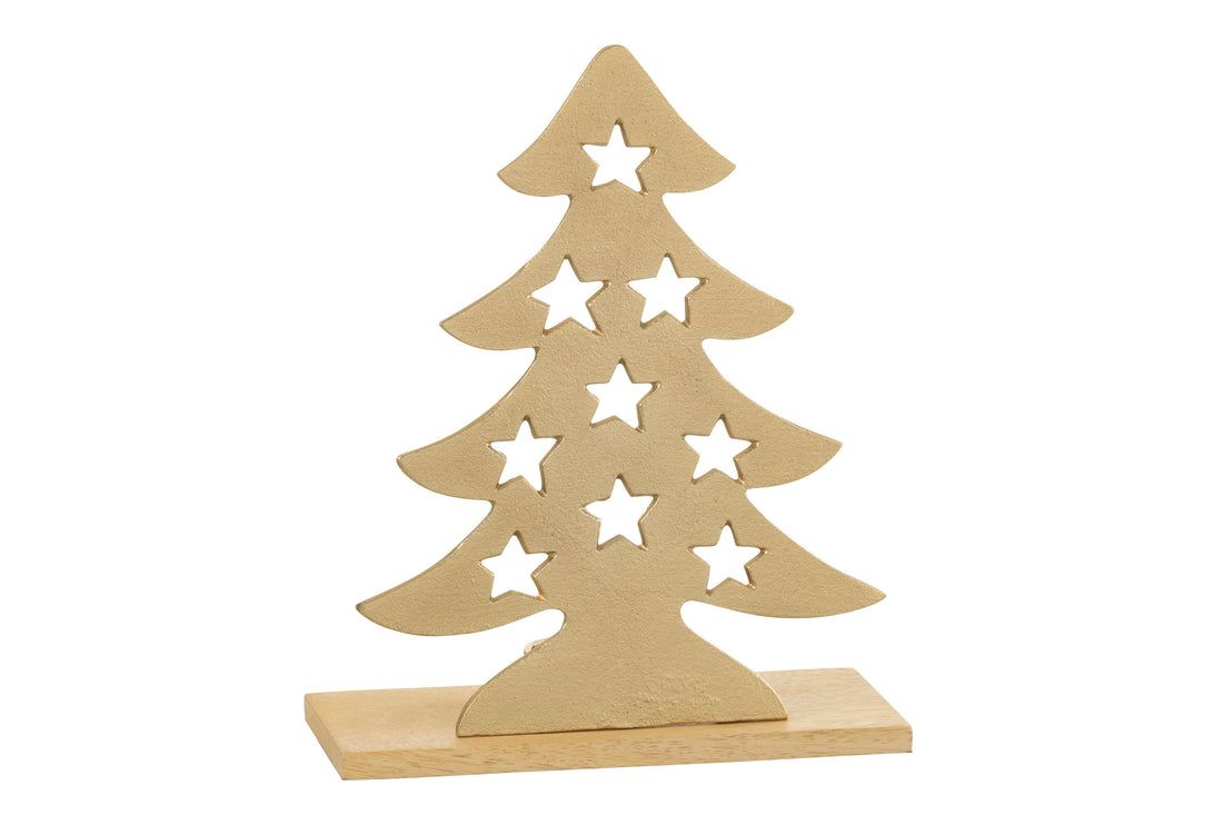 J-Line kaarshouder Kerstboom - aluminium/hout - goud - L