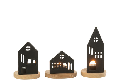 Kaarsenhouder Huis Aluminium/Hout Zwart/Natuurlijk Assortiment Van 3