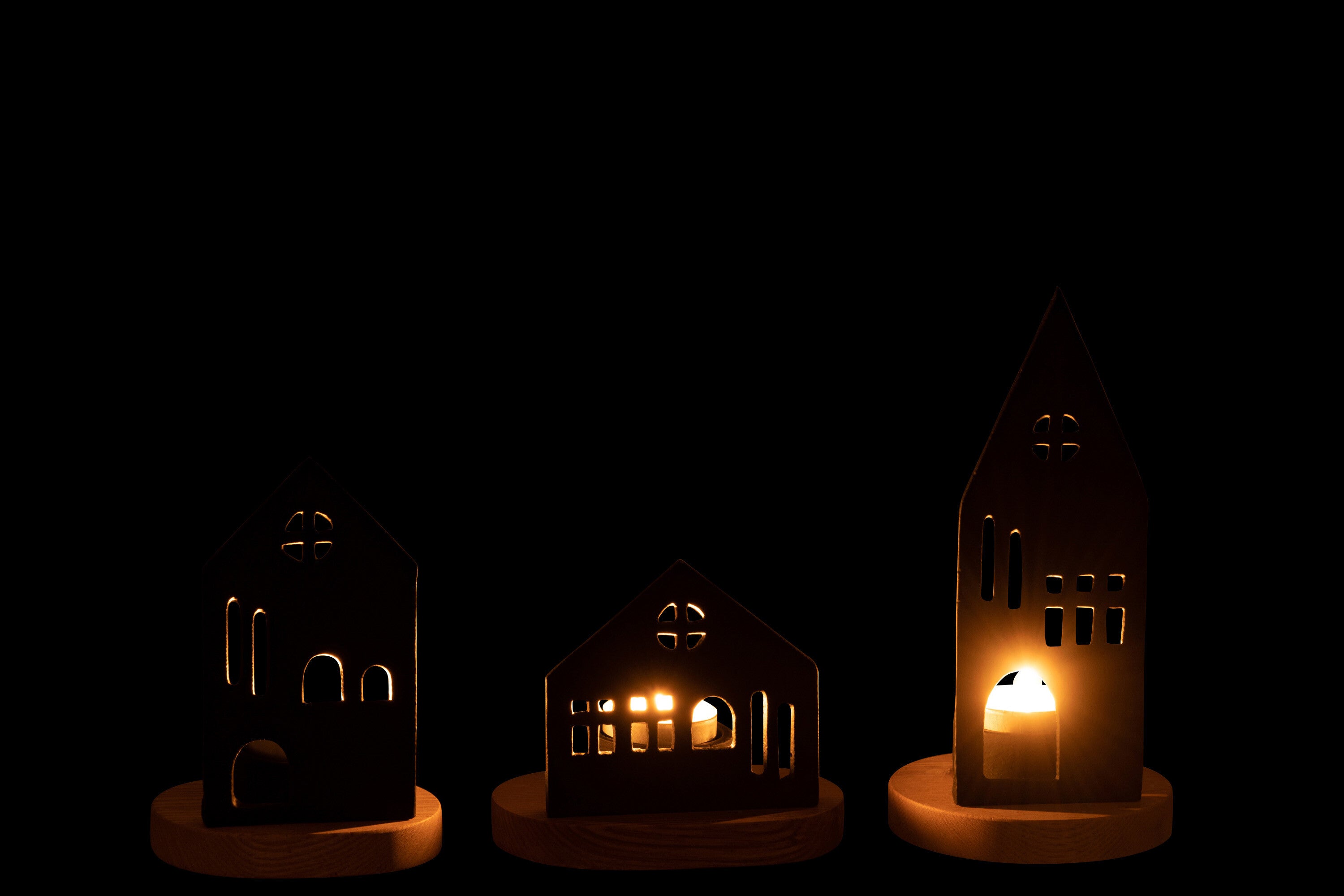 Kaarsenhouder Huis Aluminium/Hout Zwart/Natuurlijk Assortiment Van 3