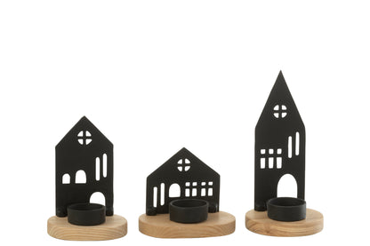 Kaarsenhouder Huis Aluminium/Hout Zwart/Natuurlijk Assortiment Van 3