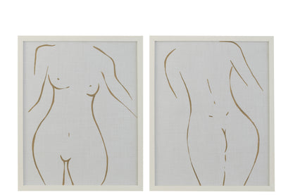 Lijntekening Vrouw Mdf/Glas Wit/Goud Assortiment Van 2