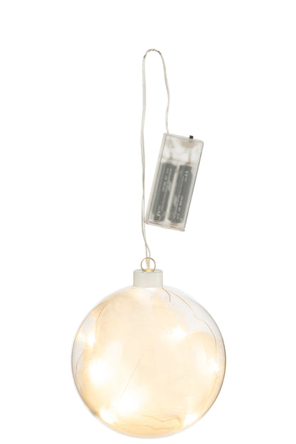 J-Line Bal Deco Pluimen+Led Lichtjes Glas Wit Small