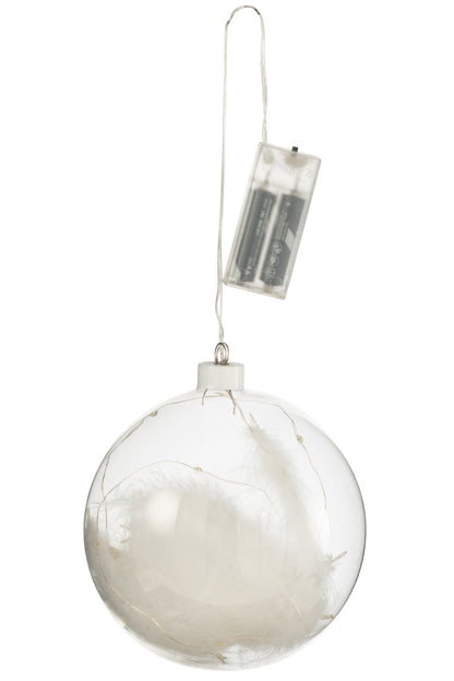 J-Line Bal Deco Pluimen+Led Lichtjes Glas Wit Large