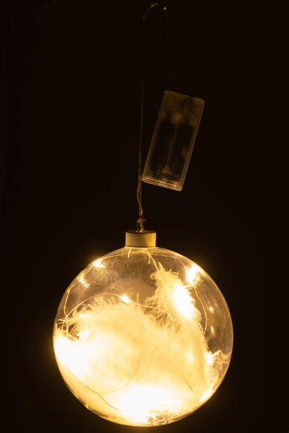 J-Line Bal Deco Pluimen+Led Lichtjes Glas Wit Large