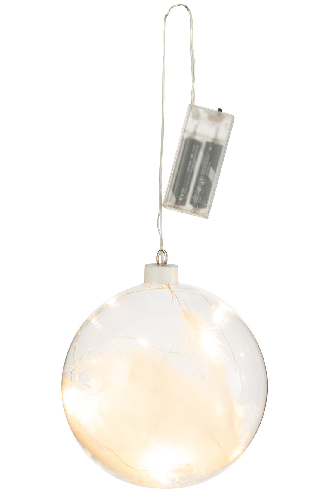 J-Line Bal Deco Pluimen+Led Lichtjes Glas Wit Large