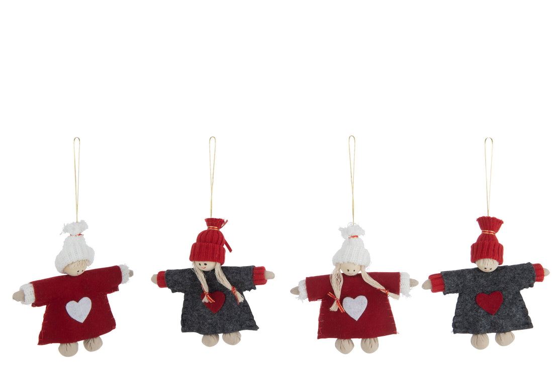 Poppenhanger Jongen/Meisje + Hoed Hout/Vilt Rood/Grijs Assortiment Van 4