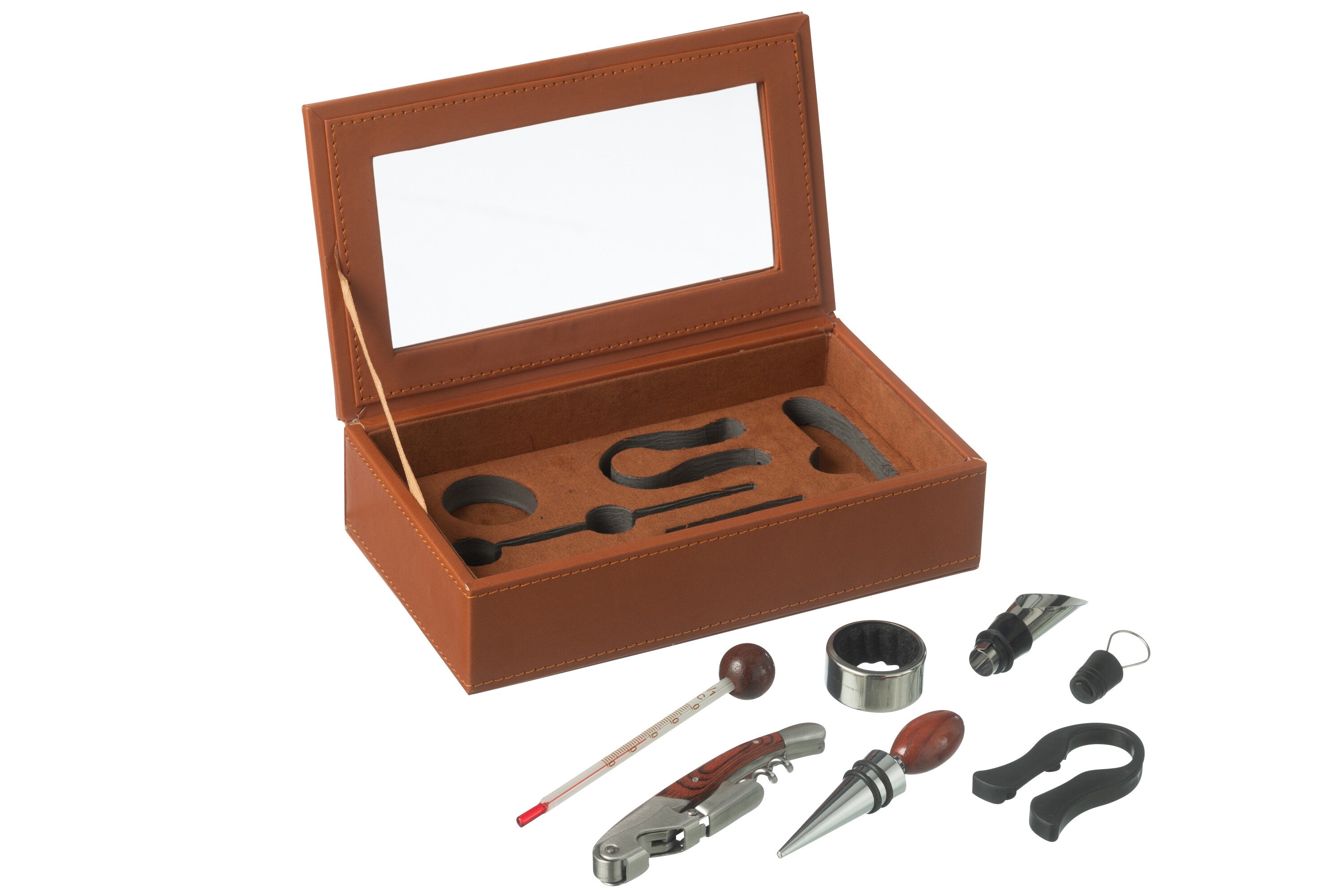 Doos 6 Wijnaccessoires Nep Leer Cognac