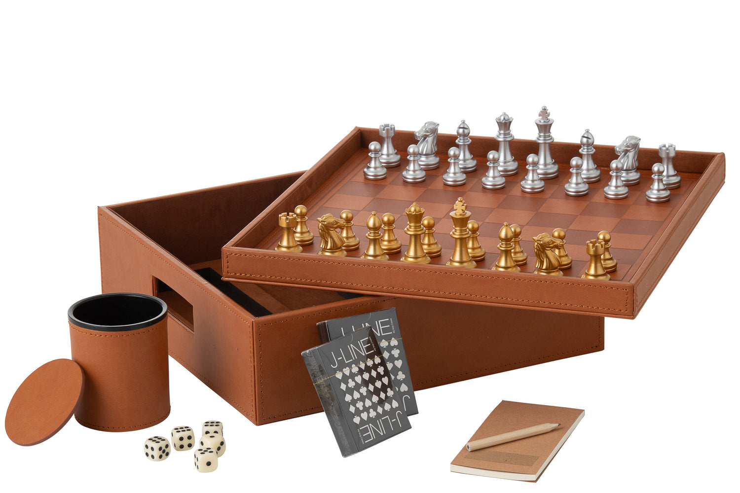 Doos Kaartspel/Schaakspel Nep Leer Cognac