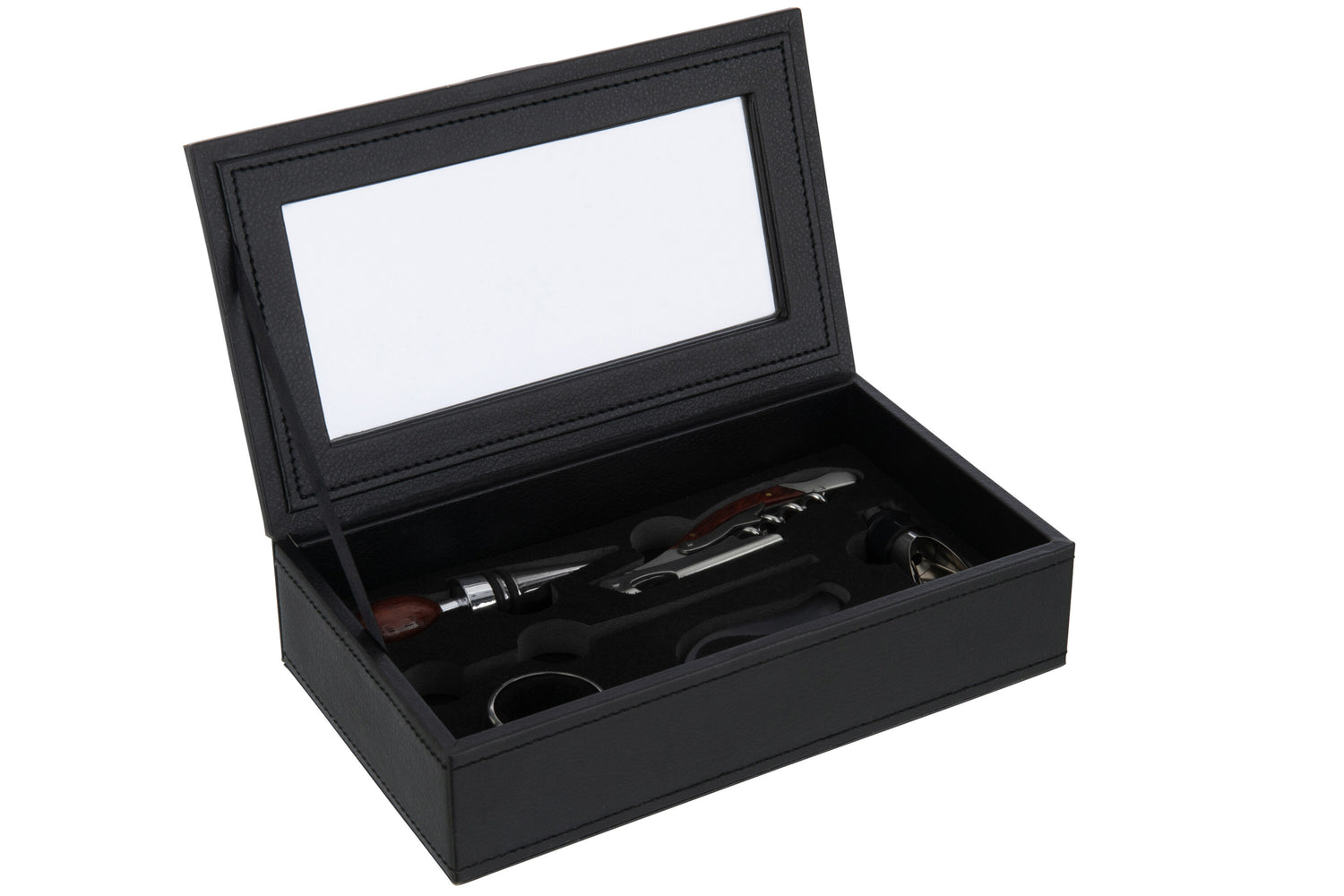 Doos 6 Wijnaccessoires Nep Leer Zwart