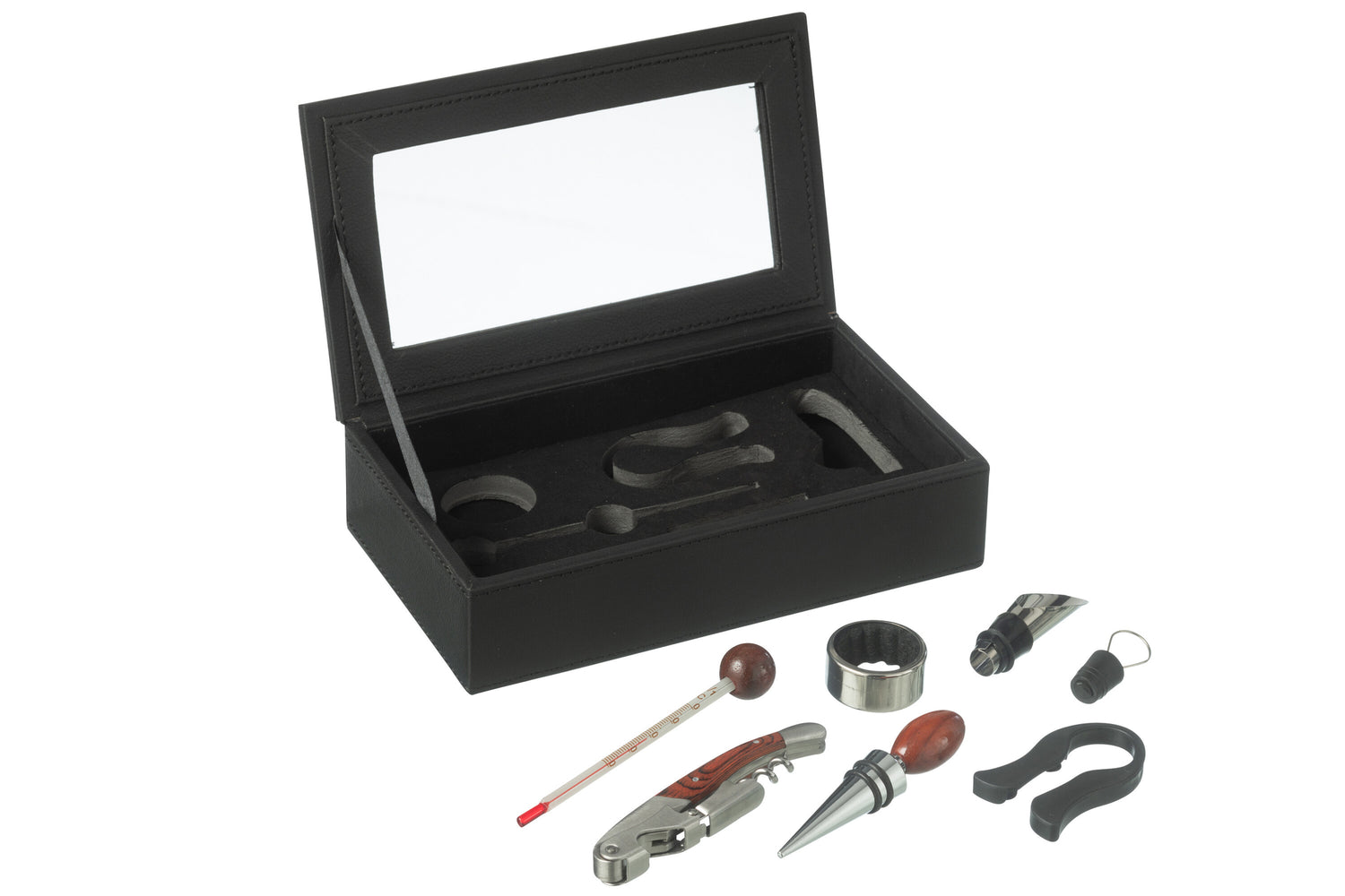 Doos 6 Wijnaccessoires Nep Leer Zwart