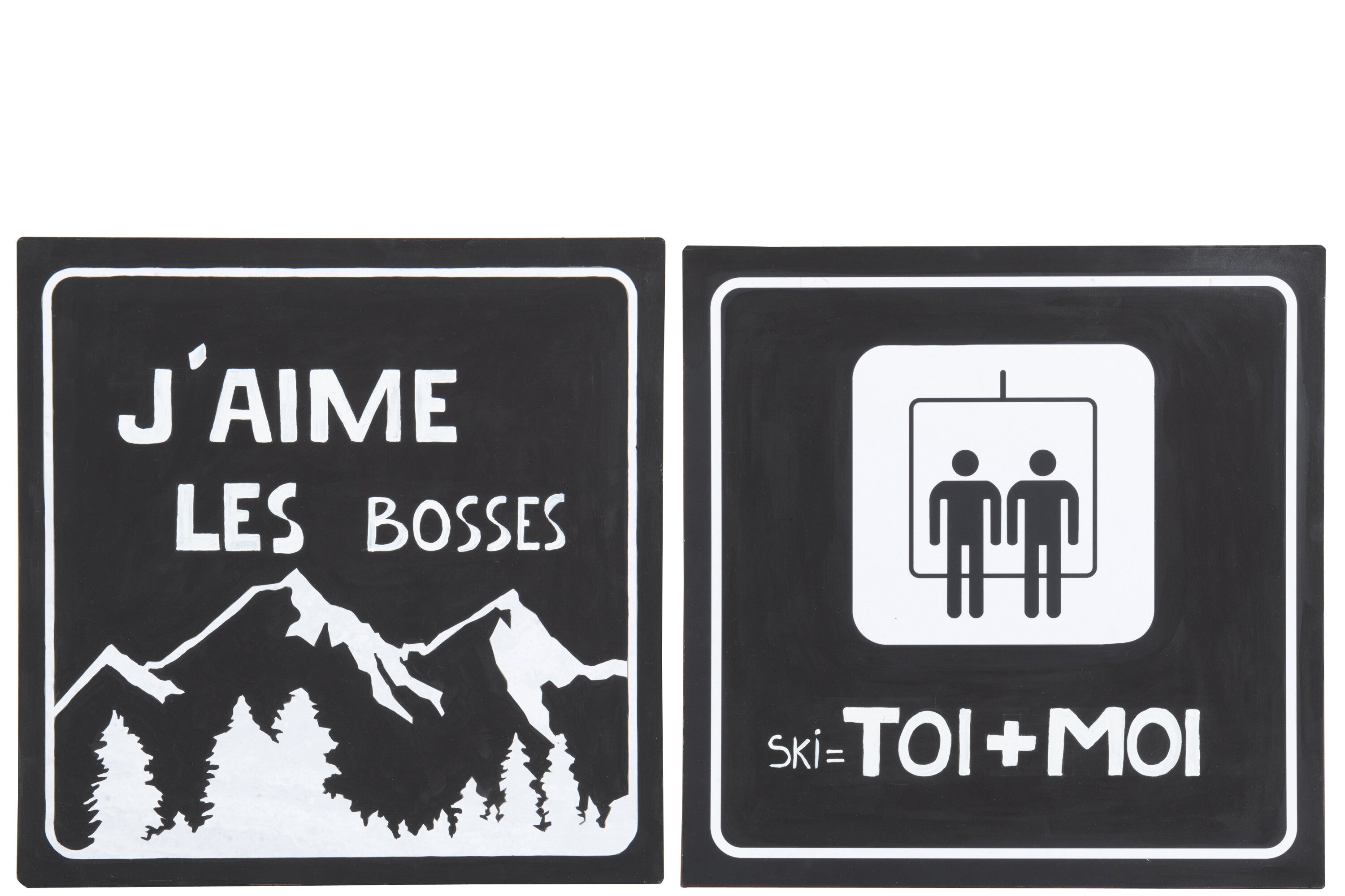 Placard Square Mountains/Ski Lift Metaal Zwart/Wit Assortiment Van 2