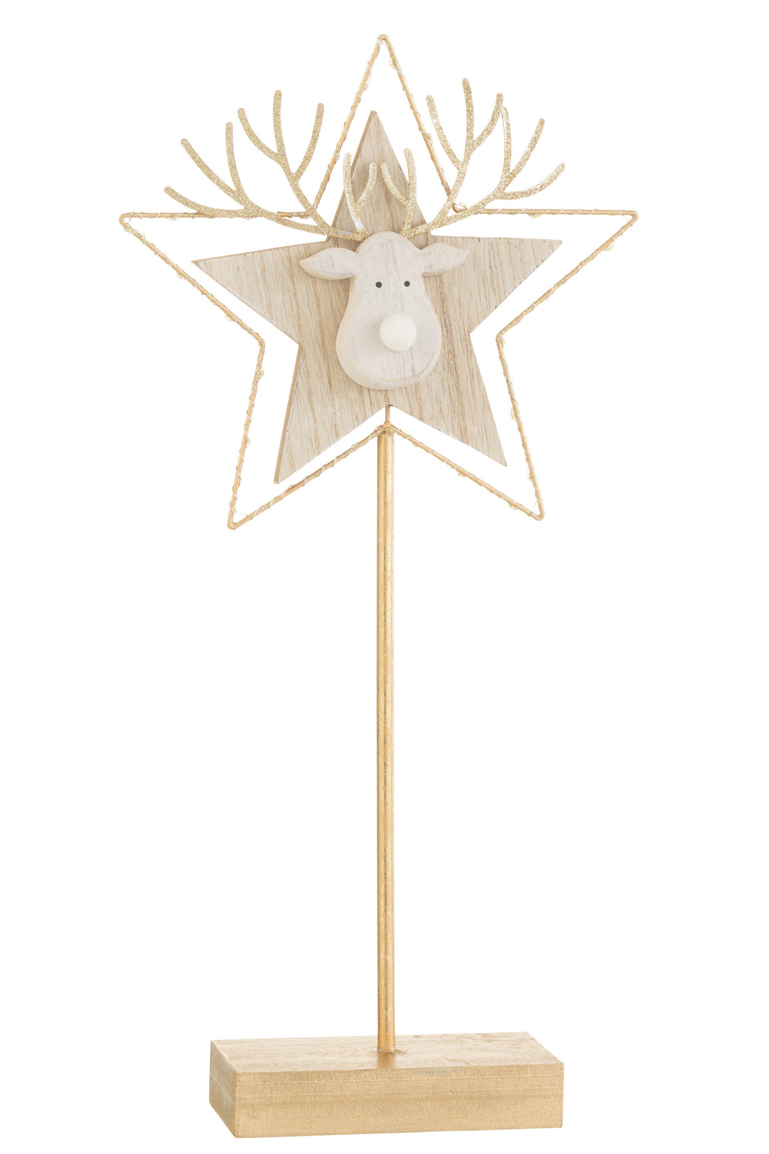 Rendier/Ster Op Voet+Led Hout Goud/Wit Groot