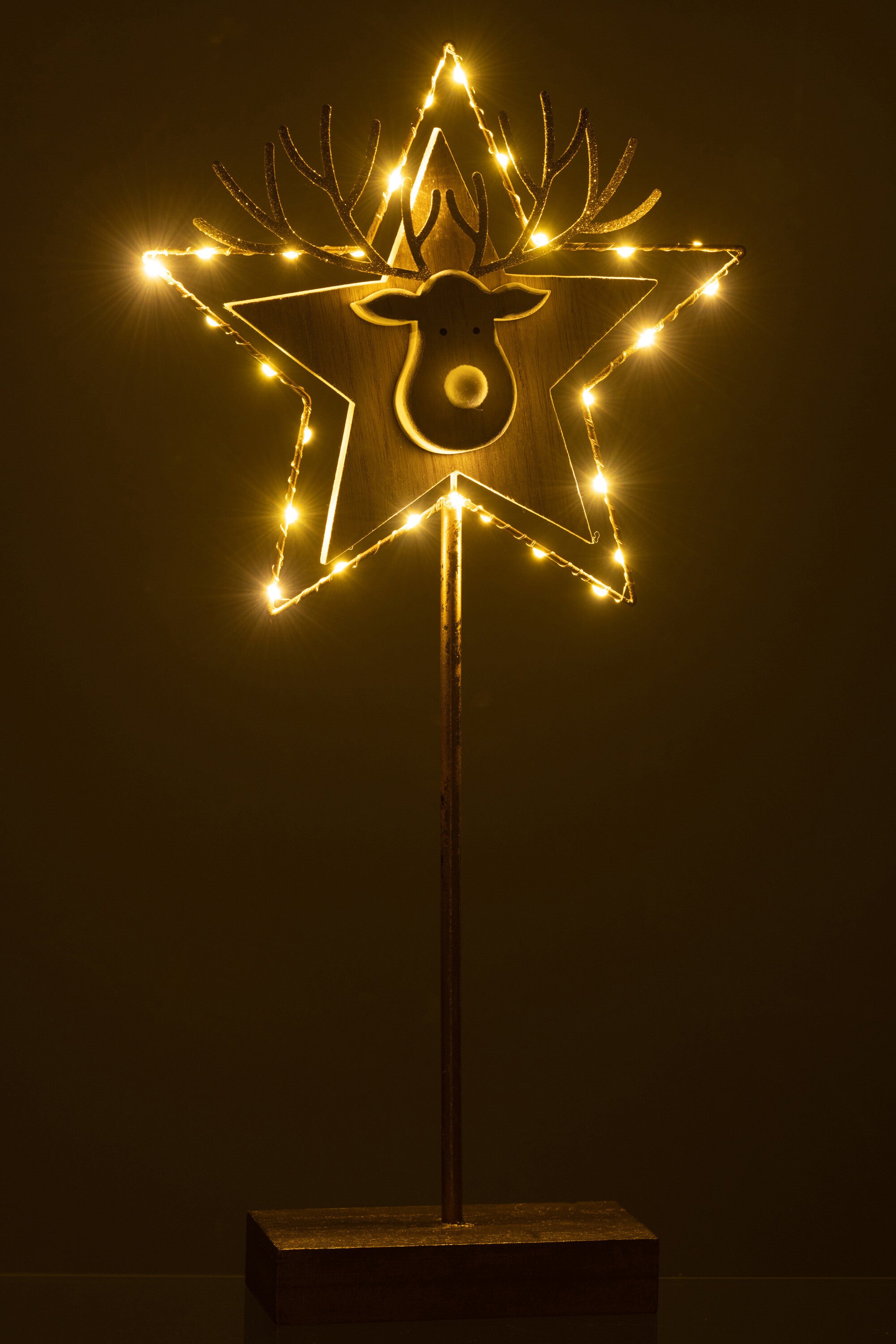 Rendier/Ster Op Voet+Led Hout Goud/Wit Groot
