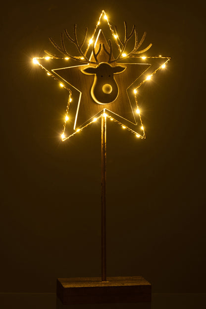 Rendier/Ster Op Voet+Led Hout Goud/Wit Groot