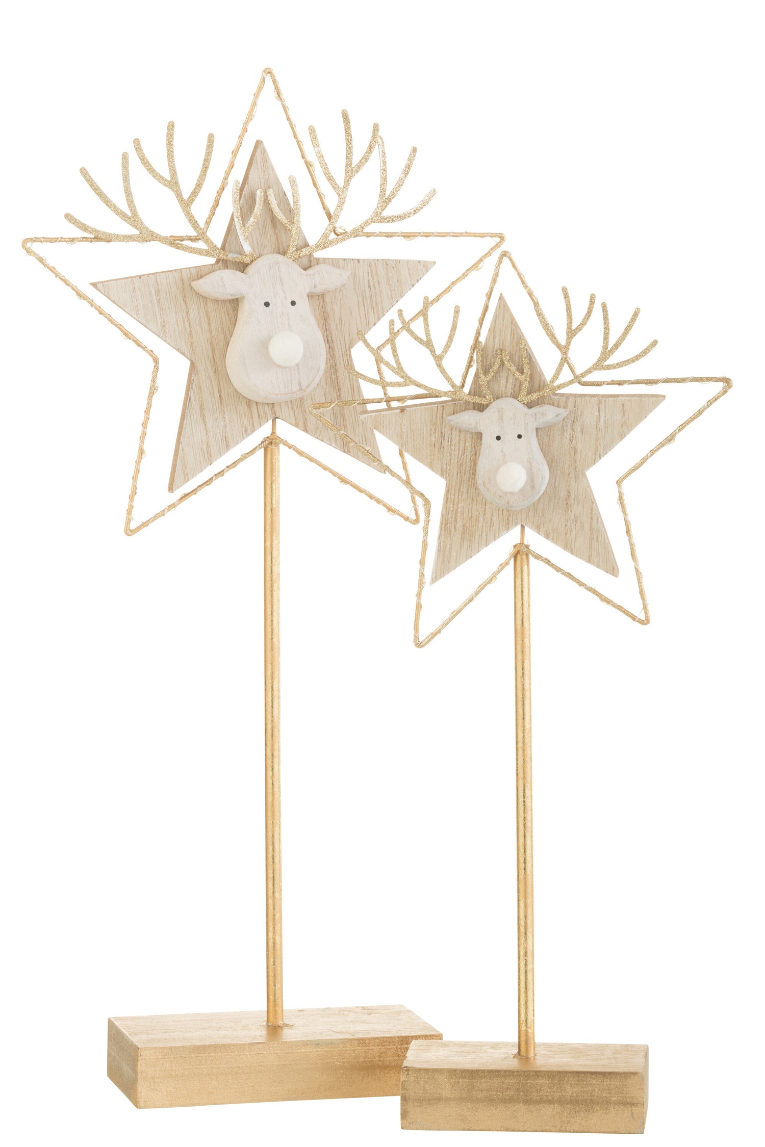 Rendier/Ster Op Voet+Led Hout Goud/Wit Groot