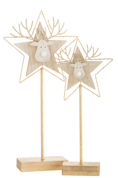 Rendier/Ster Op Voet+Led Hout Goud/Wit Groot