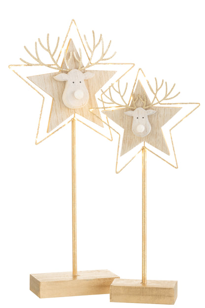 Rendier/Ster Op Voet+Led Hout Goud/Wit Groot