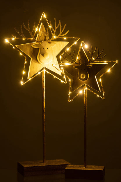 Rendier/Ster Op Voet+Led Hout Goud/Wit Groot