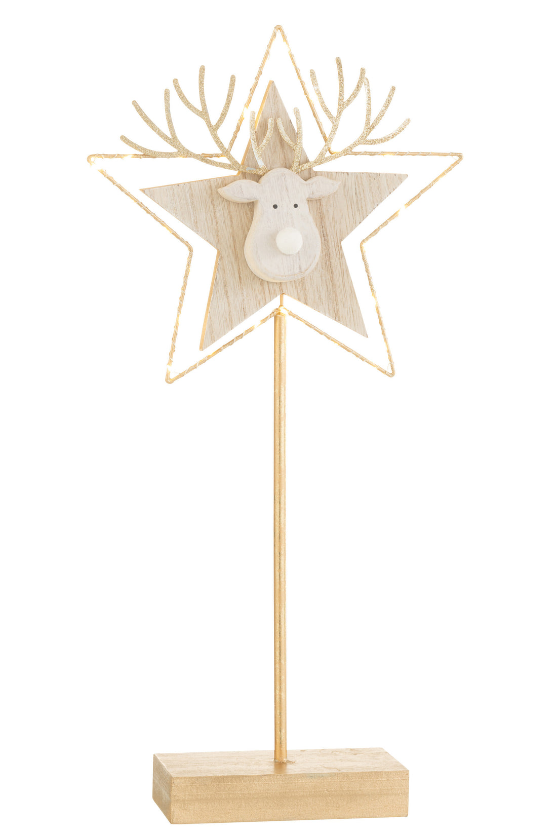 Rendier/Ster Op Voet+Led Hout Goud/Wit Groot