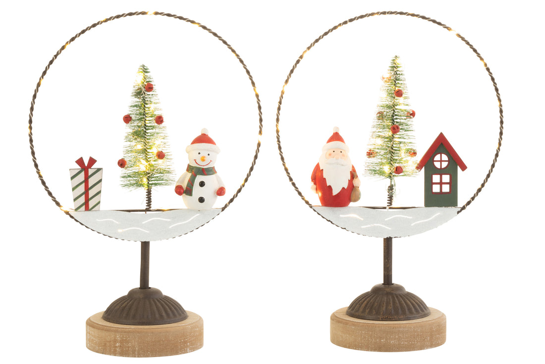 Cirkel Op Voet + Led Kerstman/Sneeuwpop Hout/Metaal Mix Assortiment Van 2