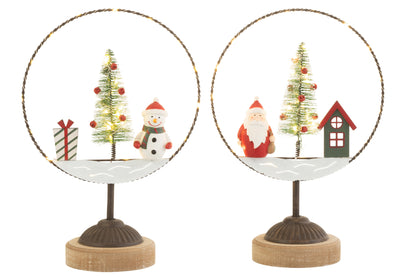 Cirkel Op Voet + Led Kerstman/Sneeuwpop Hout/Metaal Mix Assortiment Van 2