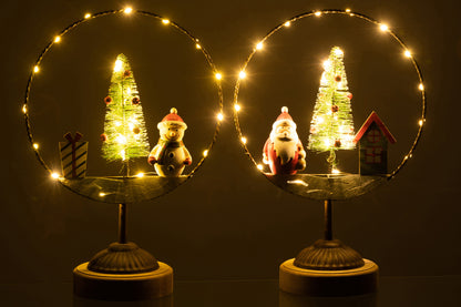Cirkel Op Voet + Led Kerstman/Sneeuwpop Hout/Metaal Mix Assortiment Van 2