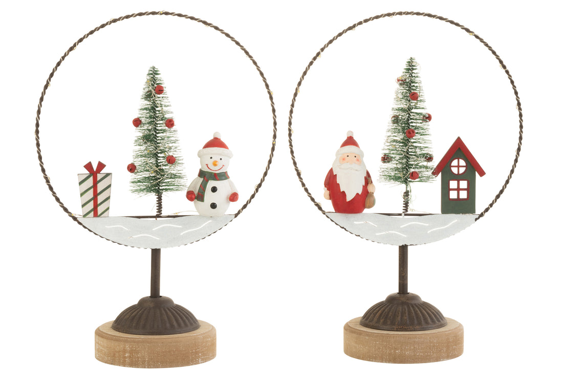 Cirkel Op Voet + Led Kerstman/Sneeuwpop Hout/Metaal Mix Assortiment Van 2