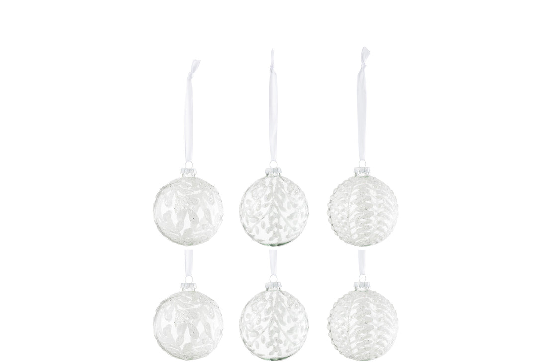J-Line Doos met 6 kerstballen 2+2+2 bladeren pailletten glas wit klein