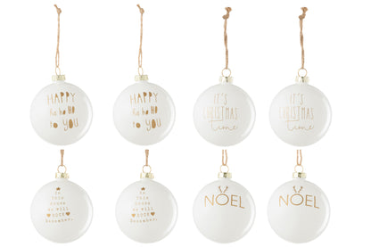 Doos met 8 kerstballen 2+2+2+2 Tekst Kerst Glas Wit/Goud