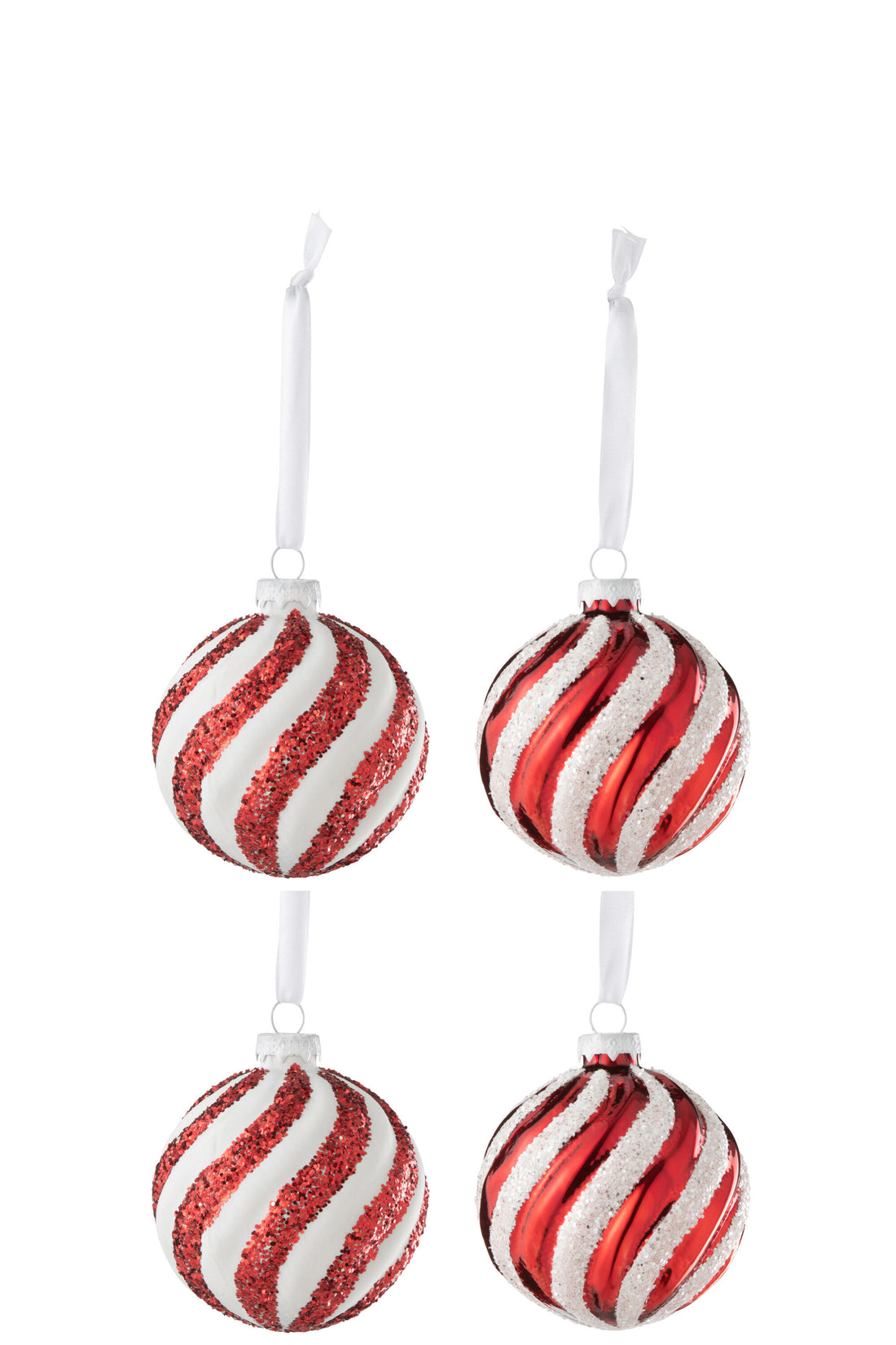 J-Line Box Of 4 Christmas Bauble 2+2 Lines Glass White/Red Small